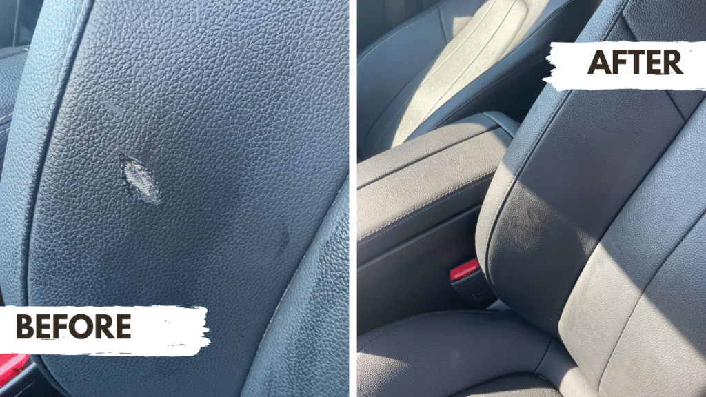 Vinyl car seat cigarette burn hole repair before and after Dallas