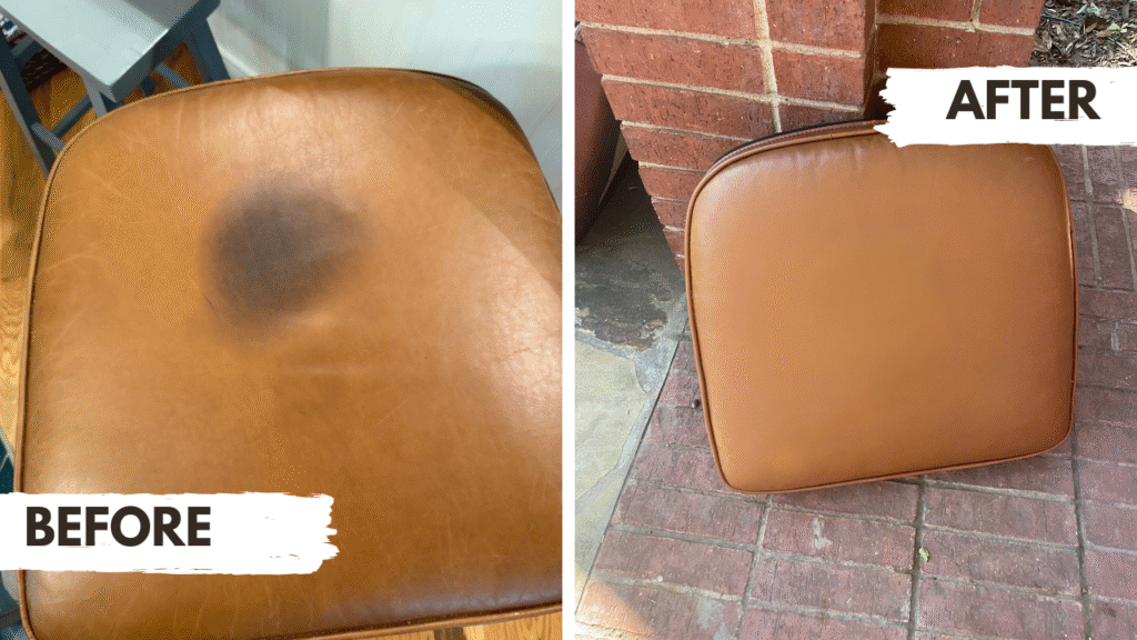 Restoring heavily worn brown leather cushion tear repair and dyeing