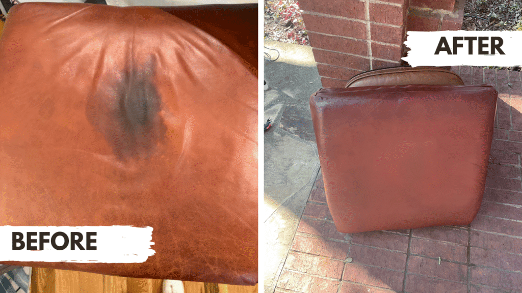 Removing dark ink stain from tan leather sofa cushion color restoration