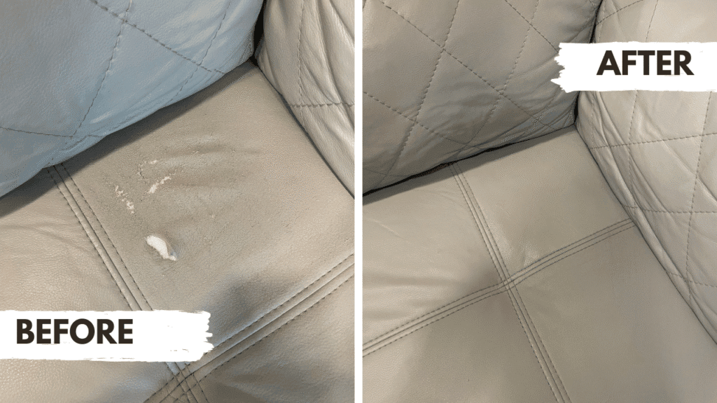 Vinyl sofa tear repair and surface restoration before and after